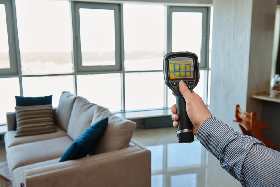 Intérieur moderne avec personne utilisant une caméra thermique infrarouge pour inspection technique