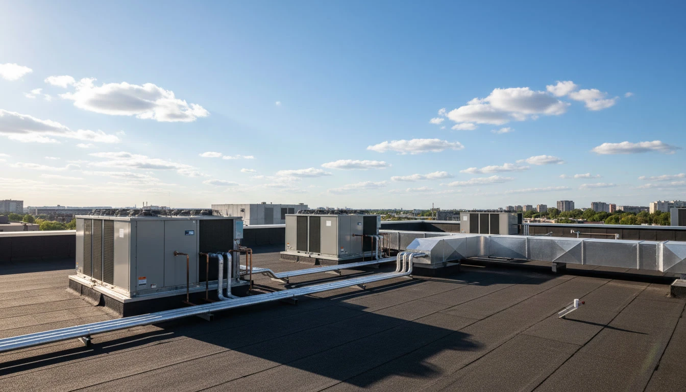 Toiture d'immeuble avec unité de traitement d'air industrielle installée