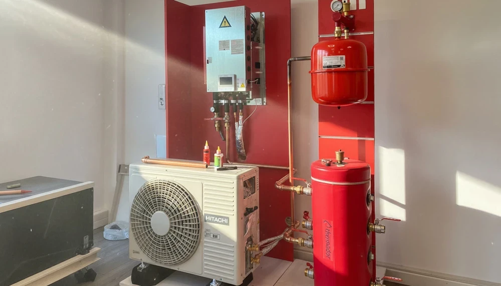 Plafond technique industriel avec système de climatisation cassette encastré, conduits de ventilation métalliques apparents et éclairage sur rails