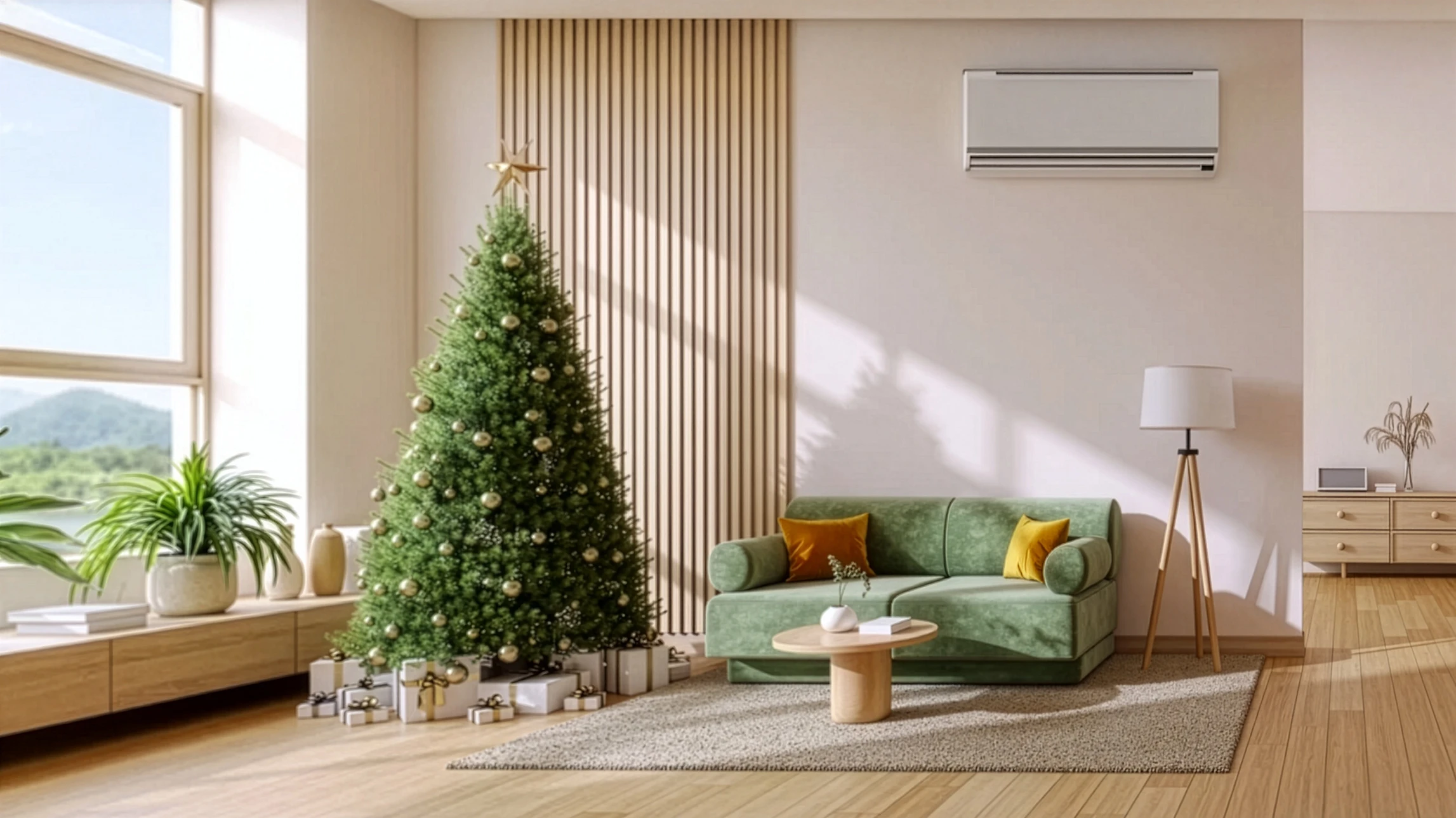 Unité extérieure de climatisation blanche installée contre un mur beige, positionnée sur un sol carrelé clair